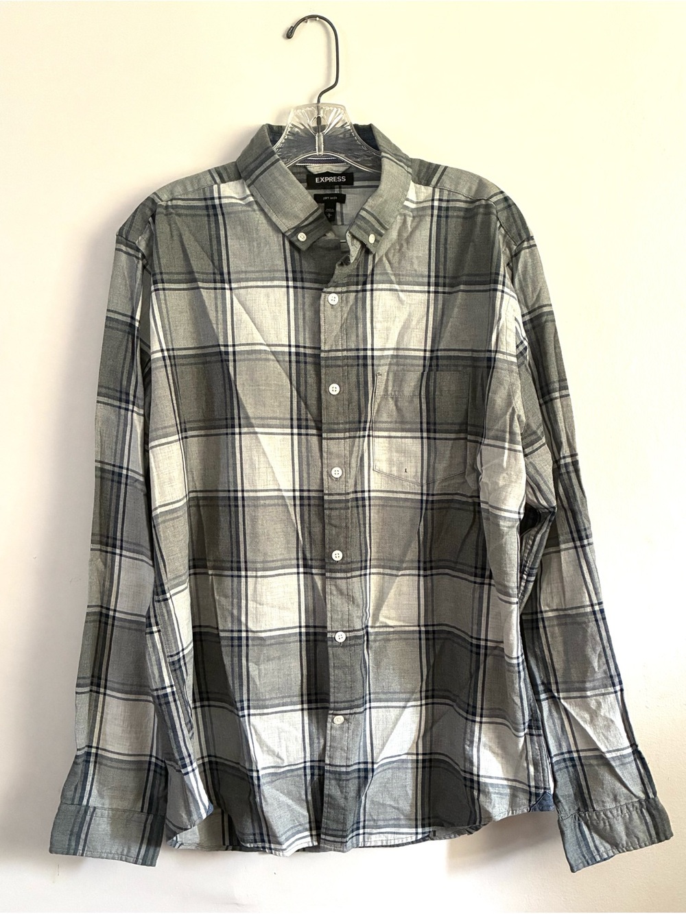 Express Men’s Gray Plaid Button-Down Shirt Size Large NWOT